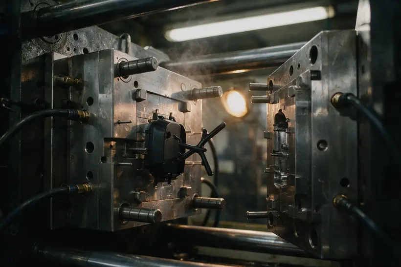An open injection mould with a freshly moulded part (illustration)